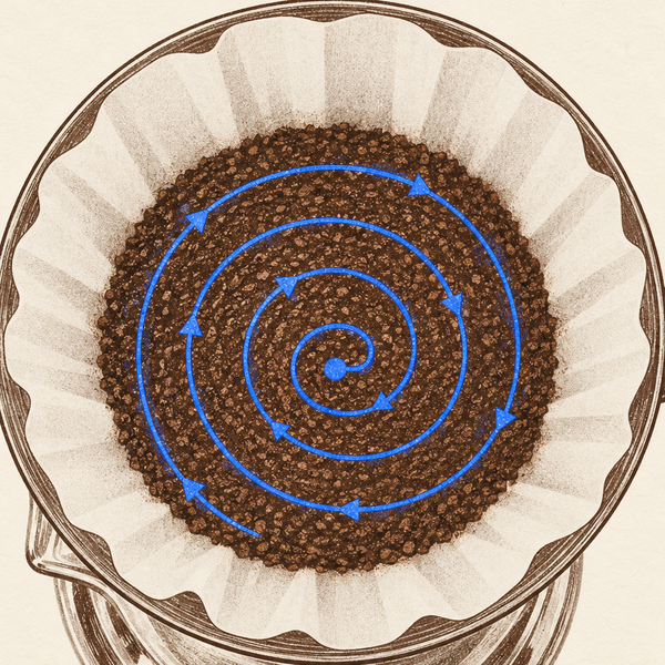 Top view of a V60 with a blue clockwise spiral that finishes at the center dot